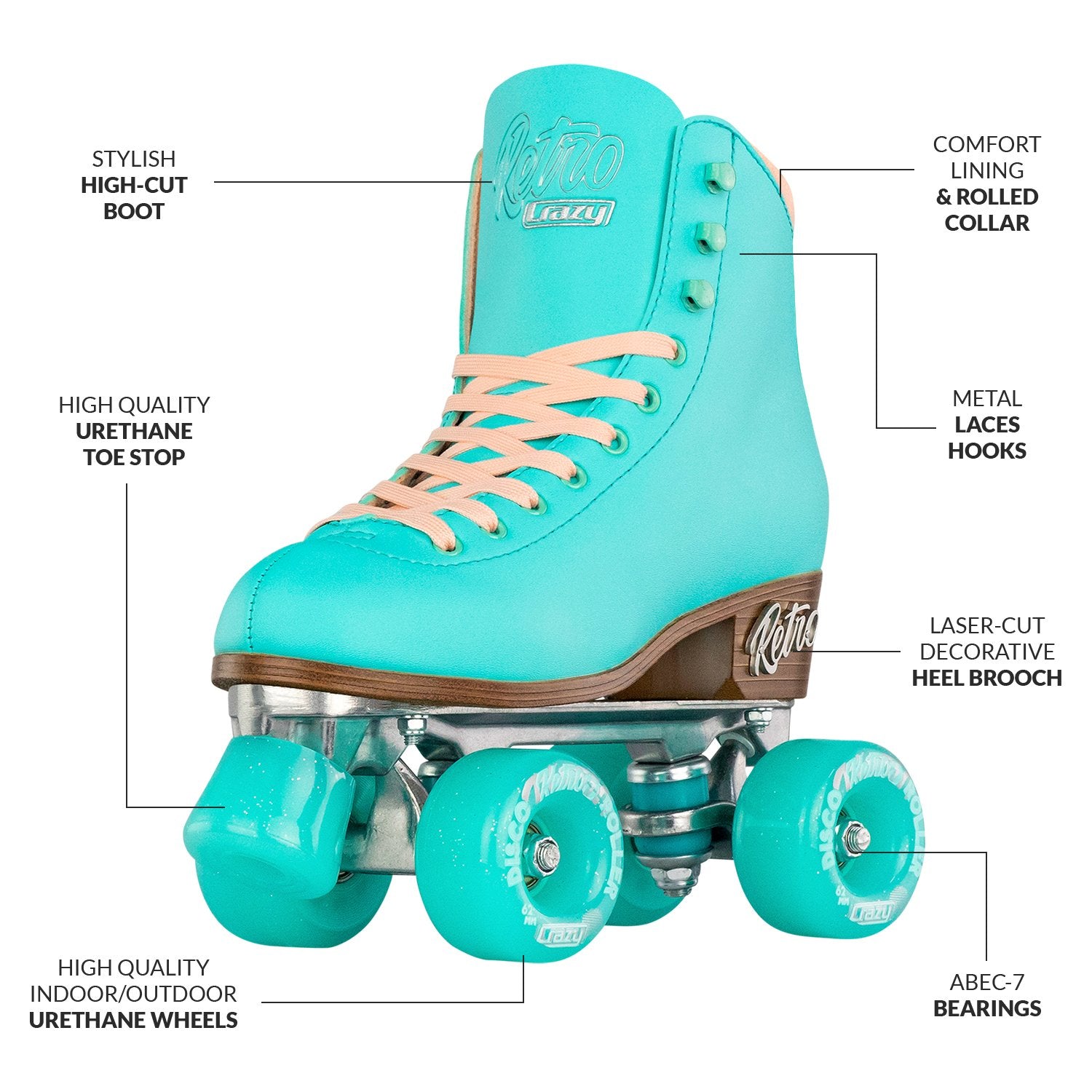 Crazy Skates Classic Vintage Retro Roller Skates - Teal - Momma Trucker Skates